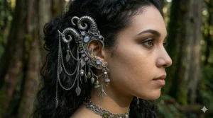 Woman wearing elven ear cuffs as part of a high-quality fantasy elf cosplay costume.