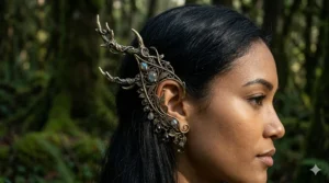 Fantasy style elven ear cuffs adorned with blue moonstone teardrop beads.
