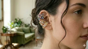 Artistic illustration of floral-themed statement ear cuffs wrapping around the helix.