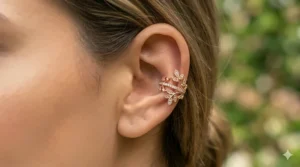 Ornate leaf-shaped no-pierce ear cuff in rose gold with small crystals, wrapping around the middle ear cartilage for a decorative look.
