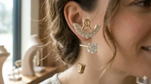 Intricate sterling silver floral petal earring jackets paired with simple pearl studs.