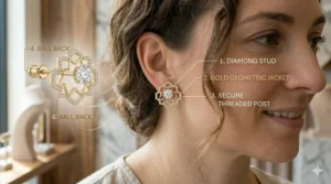 Modern 14k gold geometric halo earring jackets for a contemporary jewelry style.