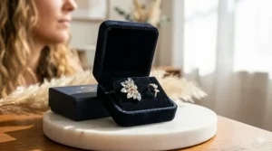 Luxury jewelry gift box containing a pair of shimmering ear cuffs with crystals.