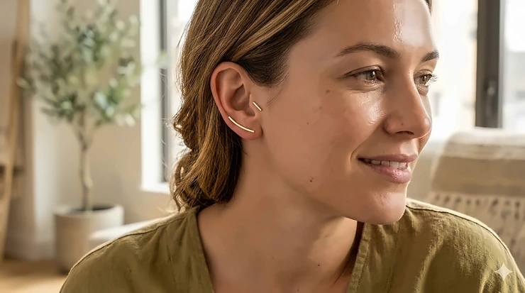 A woman wearing sleek 14k gold bar ear climbers that curve upward along the earlobe for a minimalist jewelry look.