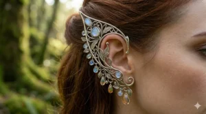 Detailed gold filigree elven ear cuffs featuring delicate wire work and swirling patterns.