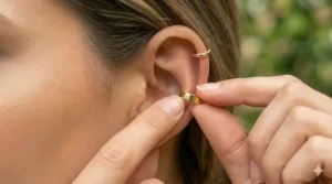 A close-up photorealistic illustration showing fingers gently pressing a minimalist gold no-pierce ear cuff to adjust it for a secure fit on the cartilage.