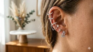 Illustration showing how to layer multiple crystal ear cuffs along the cartilage for a trendy stacked jewelry look.