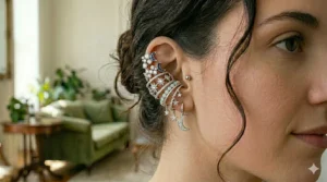 Illustration showing how to layer statement ear cuffs with small stud earrings.
