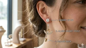 Diagram showing how an earring stud fits into a decorative earring jacket backing.