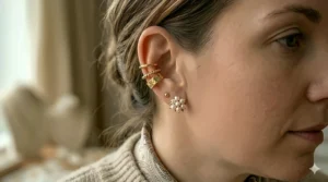 A side profile of a woman styling gold ear cuffs with a casual everyday outfit.