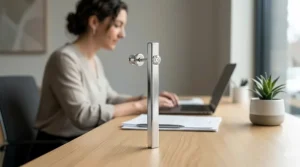 Simple vertical bar earring jackets in polished silver, perfect for professional office wear.
