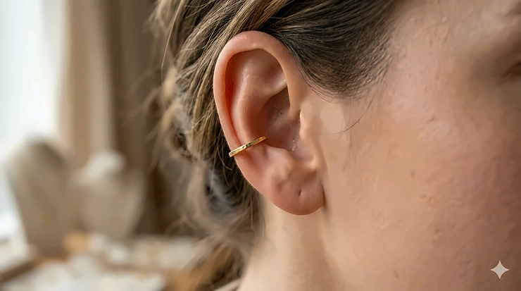 Close up of a simple minimalist thin band ear cuff in yellow gold. ear cuffs gold