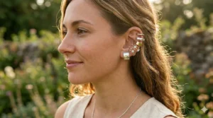 A collection of rose gold and silver ear cuffs for women displayed on a jewelry stand.