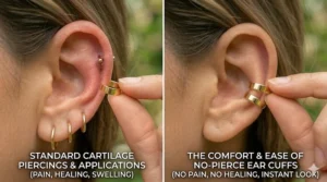 A side-by-side photorealistic comparison illustration showing standard cartilage piercings with multiple gold hoops versus a single, comfortable, minimalist gold no-pierce ear cuff.
