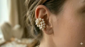 A feminine gold ear cuff featuring small white freshwater pearl accents.