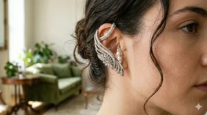 Elegant pearl-encrusted statement ear cuffs worn on the upper cartilage.