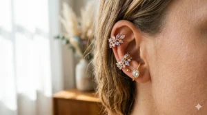 A set of rose gold ear cuffs featuring multicolored crystals arranged in a leaf pattern.