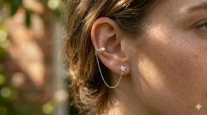Sterling silver ear cuff with chain and small star charm hanging.