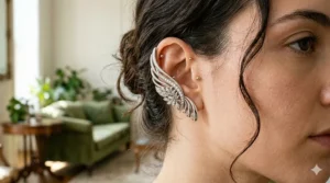 Stylized illustration of silver statement ear cuffs featuring a dramatic wing design.