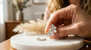 Comparison illustration showing the scale of dainty crystal ear cuffs versus bold, statement-sized cuffs.