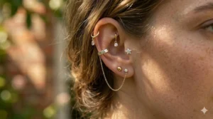Multiple piercings styled with an ear cuff and chain connector.