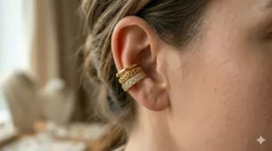 A curated ear stack featuring three different styles of ear cuffs in gold.
