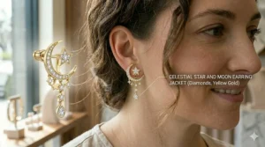 Celestial-inspired star and crescent moon earring jackets with small cubic zirconia accents.