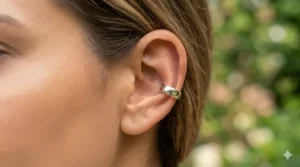 Simple sterling silver no-pierce ear cuff with a high-polish finish for a minimalist look, shown on a cartilage helix.