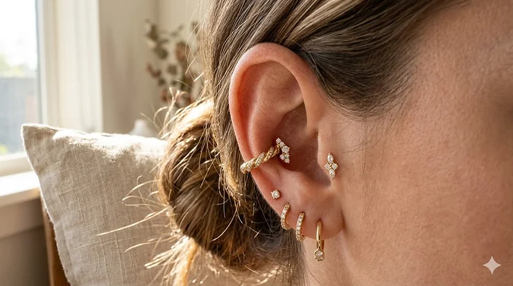 A curated ear stack showing a variety of the best conch earrings including a gold hoop and a diamond flat-back stud piercing.