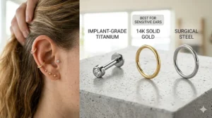 A high-detail photorealistic illustration comparing the appearance of different safe materials for the best tragus jewelry, featuring distinct pieces of titanium, solid gold, and surgical steel arranged on a textured surface.