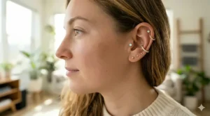 A detailed photorealistic 4K illustration showcasing an integrated ear curation on the woman from previous images, featuring a solid 14k gold set with matching white opal studs and a mid-helix hoop.