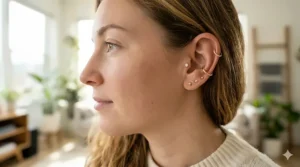 Illustration comparing the best tragus jewelry styles, showing a flat-back labret stud next to a seamless clicker hoop piercing on the same ear.