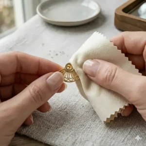 An illustration of a hand gently cleaning a delicate gold earring jacket with a soft jewelry cloth.