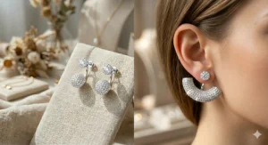 Sparkling crystal pave trendy front back earrings designed for formal wear and weddings.