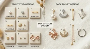A flat lay of various interchangeable trendy front back earrings showing different studs and jackets.