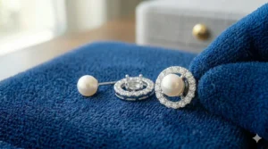 A side-by-side comparison of a plain diamond stud versus a stud with a decorative diamond earring jacket.