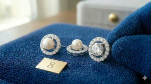 A close-up of a model wearing sparkling diamond earring jackets to demonstrate fit and brilliance.