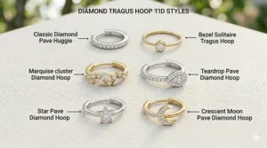 An organized layout displaying various small hoop and huggie earrings encrusted with diamond settings, such as pavé loops, crescents, and stars.