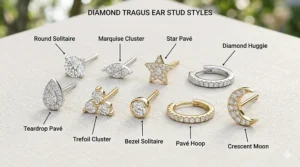 A showcase of assorted diamond tragus stud earring designs (including halo, marquise, cross, and solitaire styles) arranged flat on a textured surface.
