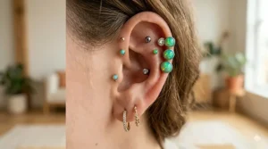 Illustration of curated ear curation featuring a triple forward helix earring stack.