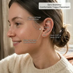 Anatomy diagram of the human ear detailing exactly where comfortable tragus earrings sit on the cartilage over the ear canal.