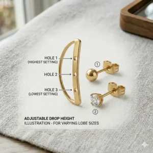 An illustration showing an earring jacket with multiple holes for adjustable height based on lobe size.