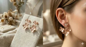 Rose gold trendy front back earrings with a dainty flower stud and cascading petal-shaped backings.