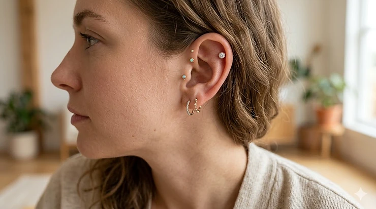 A close-up view of a stylish forward helix piercing featuring a minimalist diamond stud earring.