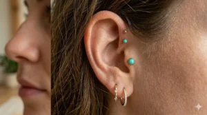 Comparison chart showing flat back studs and tiny hoops used as forward helix earrings.