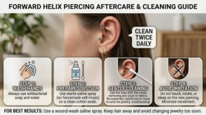 Step-by-step cleaning routine and aftercare instructions for a new forward helix earring.
