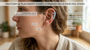 Ear anatomy diagram illustrating the precise placement for forward helix earrings.