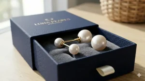 Front back pearl earrings presented in a luxury jewelry gift box with velvet lining.