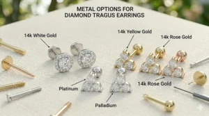 A product guide showcasing different precious metal options for diamond jewelry pieces, including white gold, yellow gold, rose gold, platinum, and palladium.