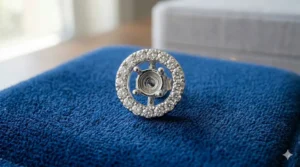 A top-down view of round halo diamond earring jackets featuring a seamless pavé setting.